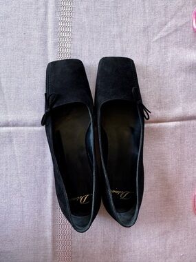 Delman Black Suede Square-Toe Bow Flats